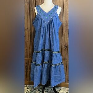 Vintage 90s Spencer Creations Denim Embellished Vneck W/pockets Midi Dress Sz L